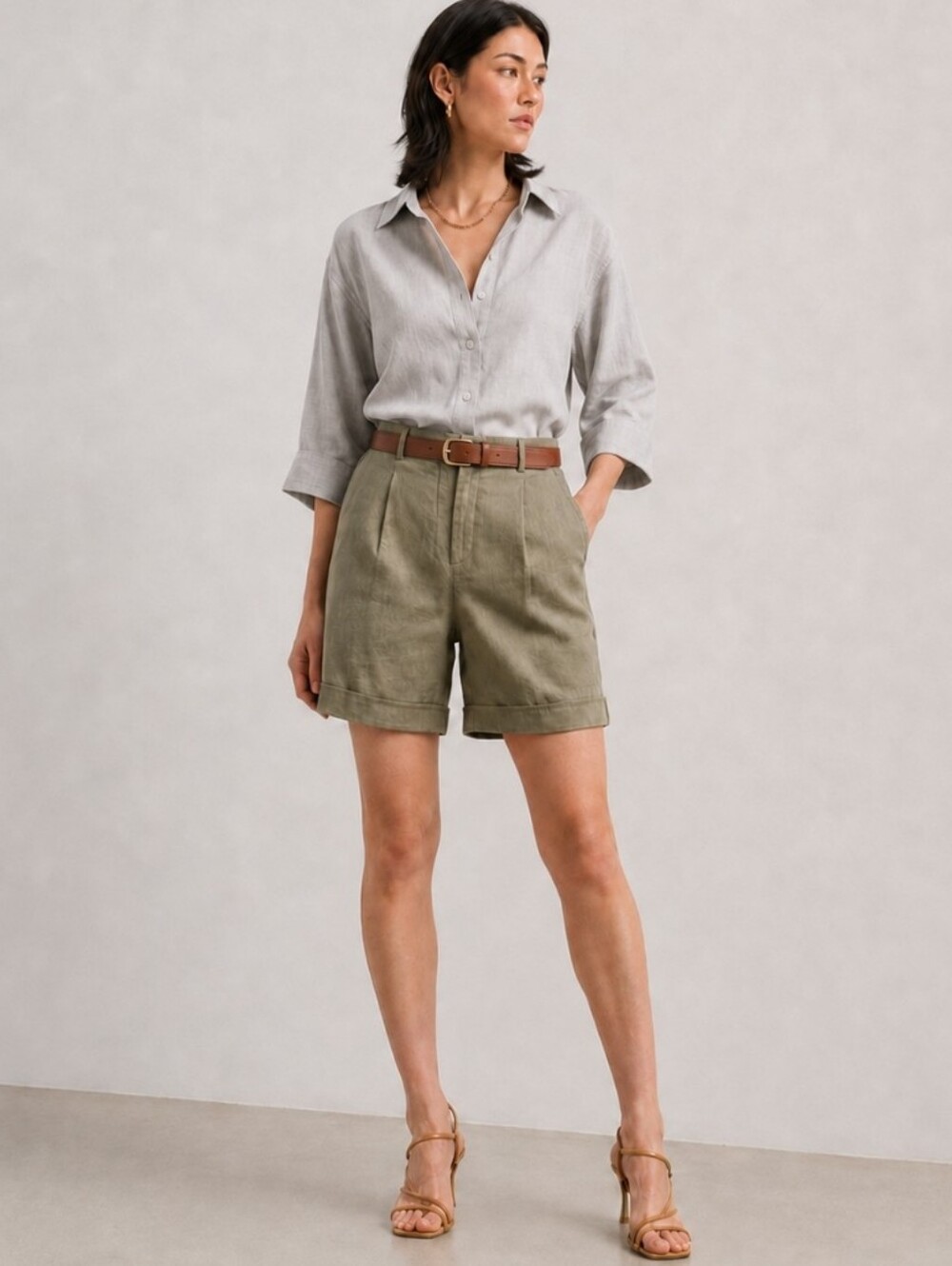 NWT Tristan Light Khaki Olive Green High Rise Linen Shorts Size 8
